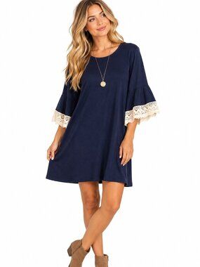 Uncle Frank Navy Cream Crochet Bell Sleeve Boho Shift Dress Small